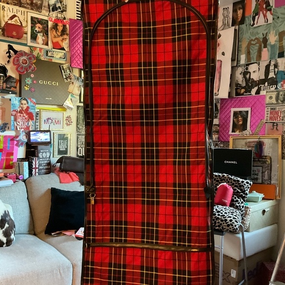 Mid Century 50s Vintage Hanging Red Tartan Plaid Luggage Garment Bag - Picture 3 of 15